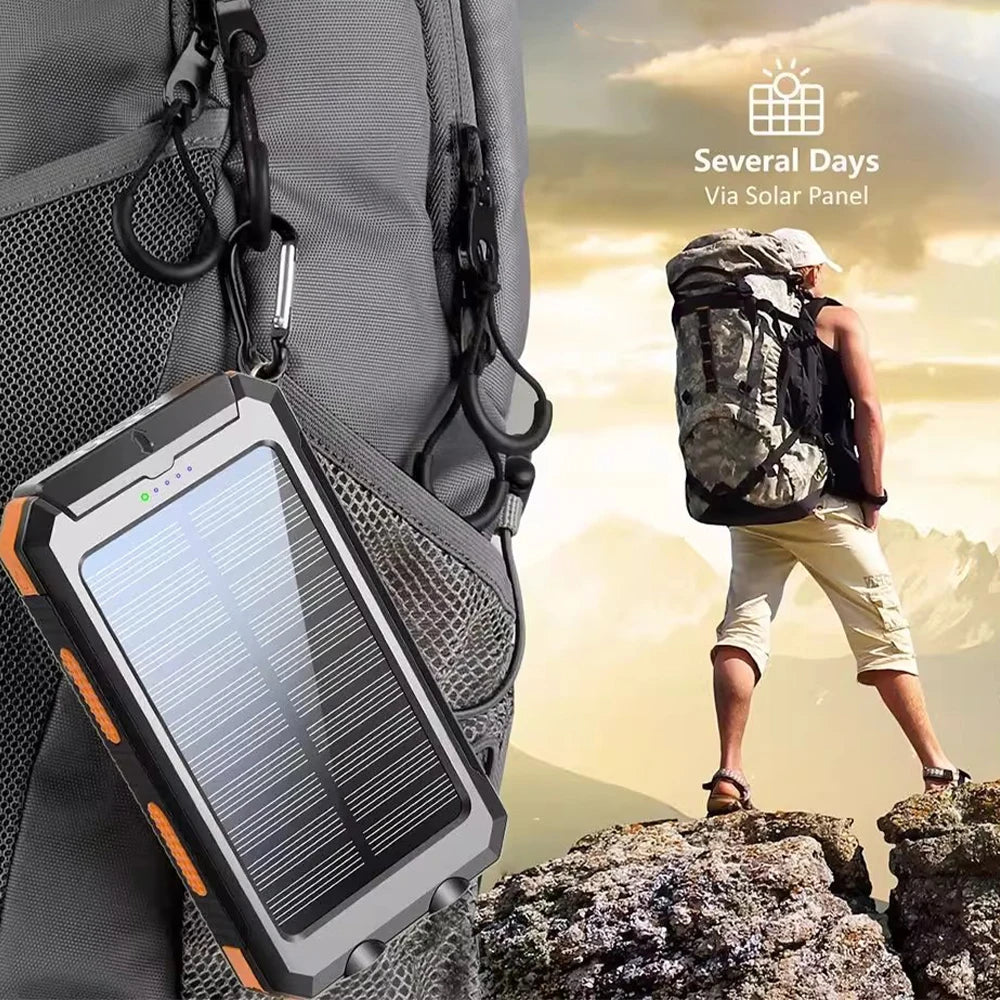 20000mAh Solar Power Bank Portable Solar Charger with Dual LED Flashlight & Compass Waterproof External Battery Pack for Mobile Phone Camping Hiking
