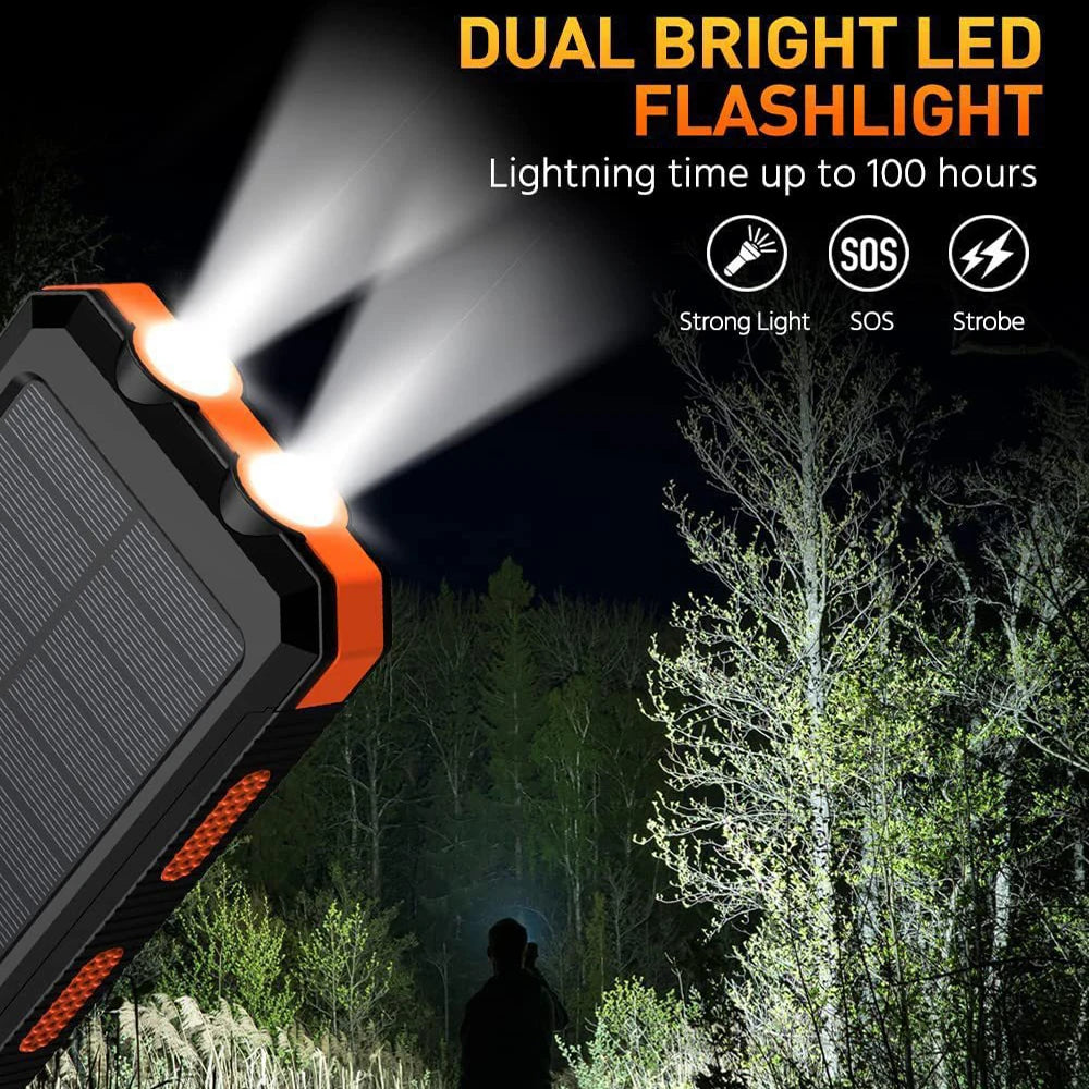 20000mAh Solar Power Bank Portable Solar Charger with Dual LED Flashlight & Compass Waterproof External Battery Pack for Mobile Phone Camping Hiking