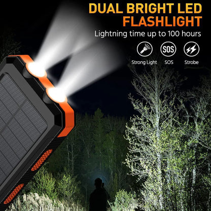 20000mAh Solar Power Bank Portable Solar Charger with Dual LED Flashlight & Compass Waterproof External Battery Pack for Mobile Phone Camping Hiking