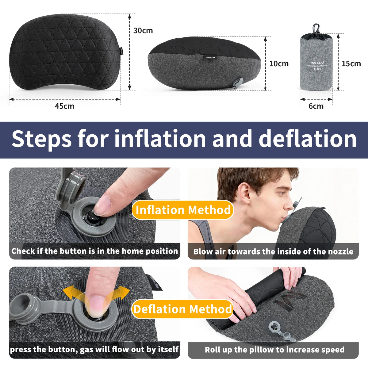 MAPLEAF Camping Pillow Inflatable Ergonomic Camp Pillow Removable Washable Cover Soft Lightweight Hiking Tent Pillow