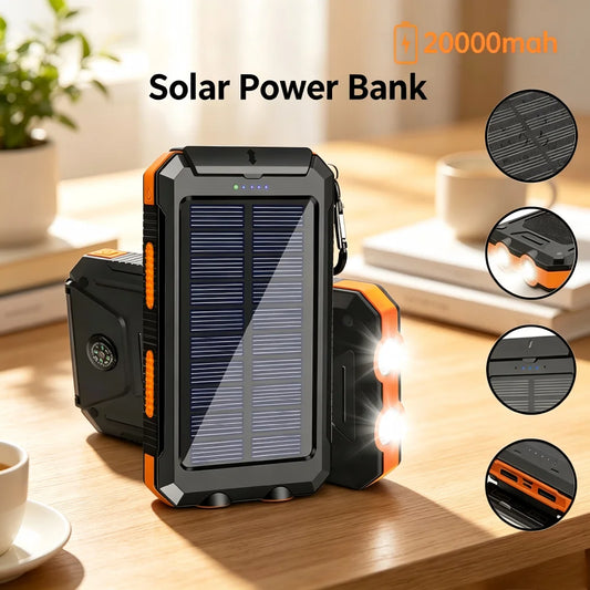 20000mAh Solar Power Bank Portable Solar Charger with Dual LED Flashlight & Compass Waterproof External Battery Pack for Mobile Phone Camping Hiking