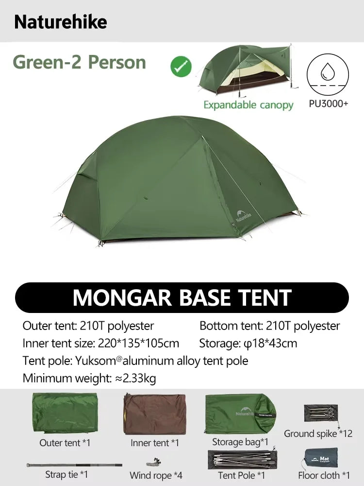 Naturehike Mongar 2 UL/PRO/Base Tent – Ultralight 2 Person Backpacking Tent - Bearkit