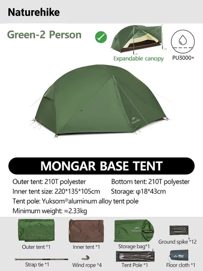 Naturehike Mongar 2 UL/PRO/Base Tent – Ultralight 2 Person Backpacking Tent - Bearkit