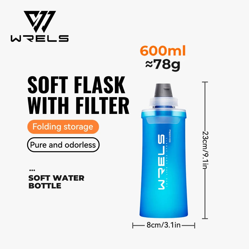 WRELS Soft Water Bottle with Filter Ultralight Collapsible Water Filter Bottle Hydrapak Soft Flask for Hiking Camping Backpack