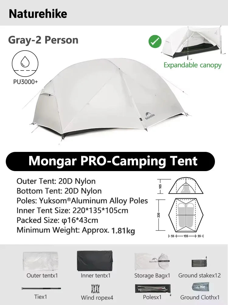 Naturehike Mongar 2 UL/PRO/Base Tent – Ultralight 2 Person Backpacking Tent - Bearkit