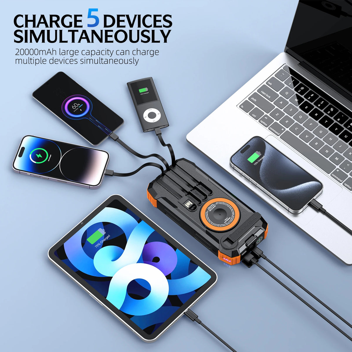 Solar Power Bank High Capacity, Wireless Charger with 4 Built-in Cables, Hand Crank Generator, LED Light for Outdoor Emergency