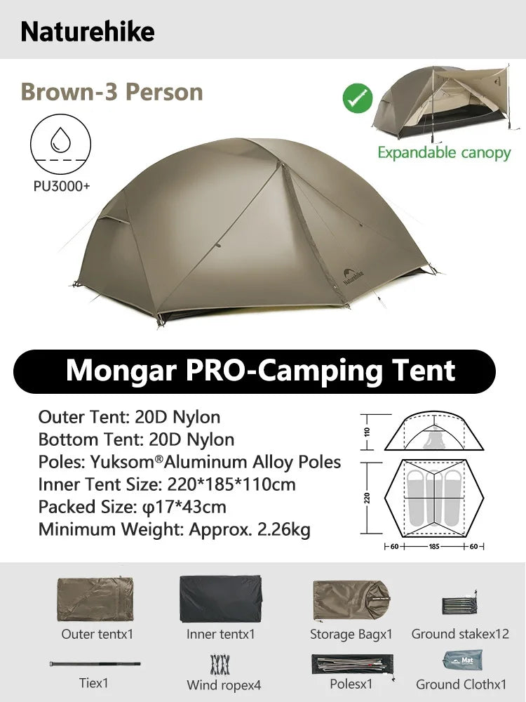 Naturehike Mongar 2 UL/PRO/Base Tent – Ultralight 2 Person Backpacking Tent - Bearkit