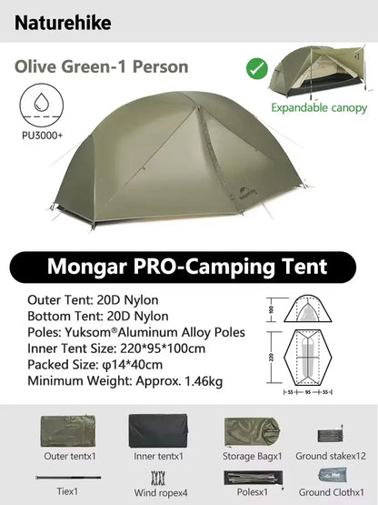 Naturehike Mongar 2 UL/PRO/Base Tent – Ultralight 2 Person Backpacking Tent - Bearkit