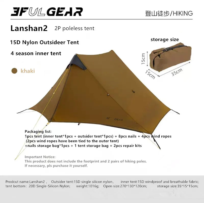 Lanshan 2 Person Tent Hiking Ultralight Camping Tent Professional 15D Silnylon Rodless Trekking Pole Tent Waterproof Backpacking