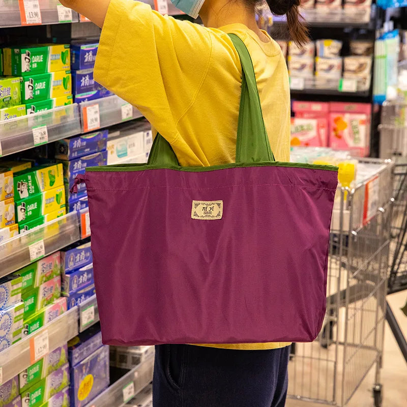 1-Pack Reusable Shopping Bag, Large Capacity Foldable Drawstring Eco-friendly Storage Bag, Casual Shopping Shoulder Bag
