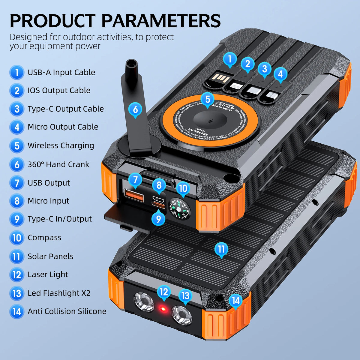 Solar Power Bank High Capacity, Wireless Charger with 4 Built-in Cables, Hand Crank Generator, LED Light for Outdoor Emergency