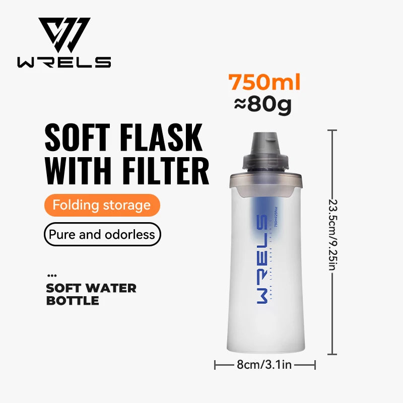 WRELS Soft Water Bottle with Filter Ultralight Collapsible Water Filter Bottle Hydrapak Soft Flask for Hiking Camping Backpack