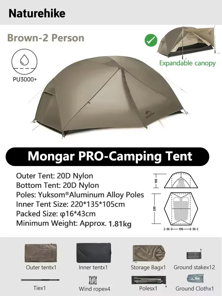 Naturehike Mongar 2 UL/PRO/Base Tent – Ultralight 2 Person Backpacking Tent - Bearkit