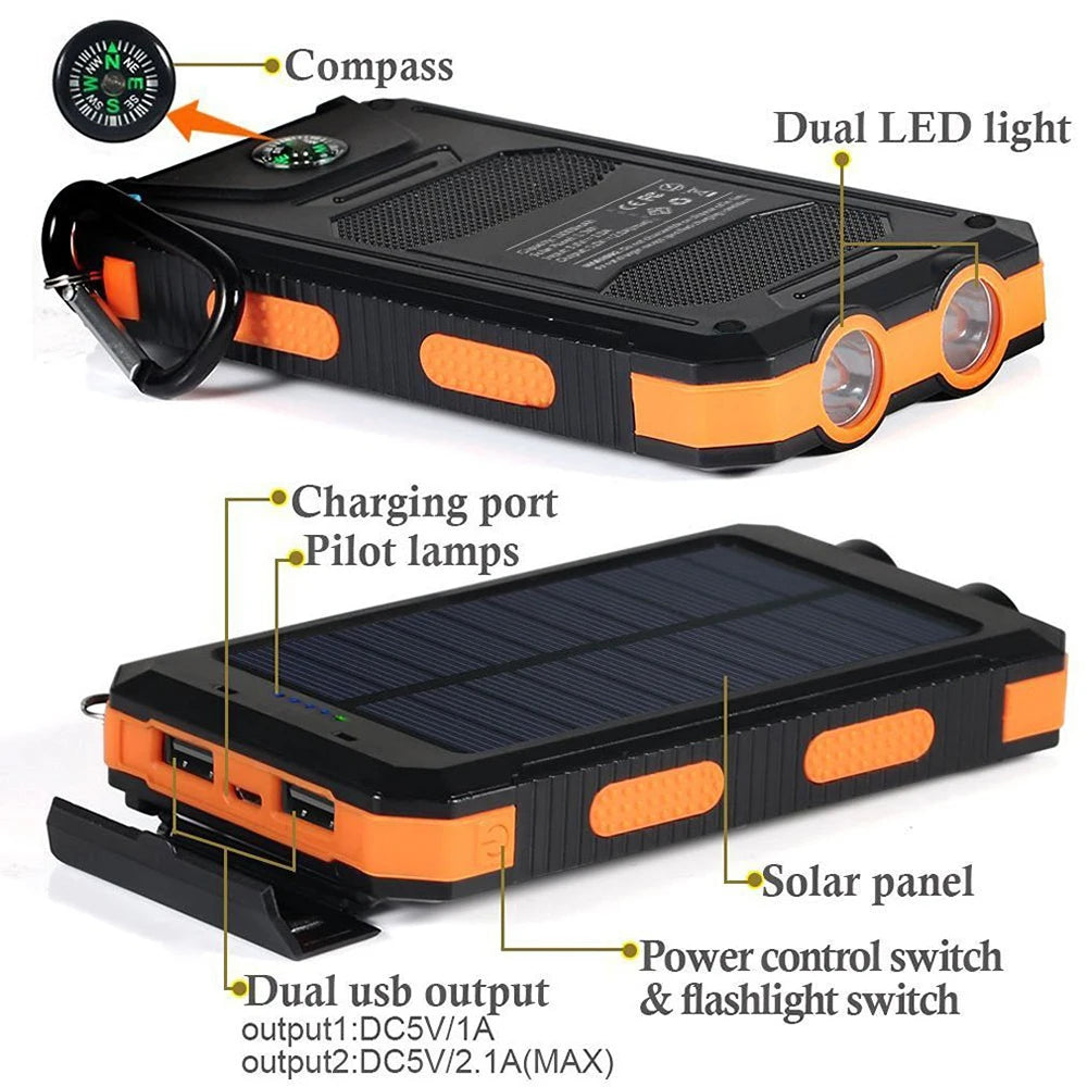 20000mAh Solar Power Bank Portable Solar Charger with Dual LED Flashlight & Compass Waterproof External Battery Pack for Mobile Phone Camping Hiking