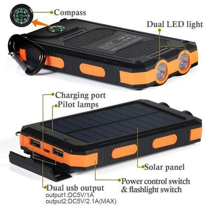 20000mAh Solar Power Bank Portable Solar Charger with Dual LED Flashlight & Compass Waterproof External Battery Pack for Mobile Phone Camping Hiking