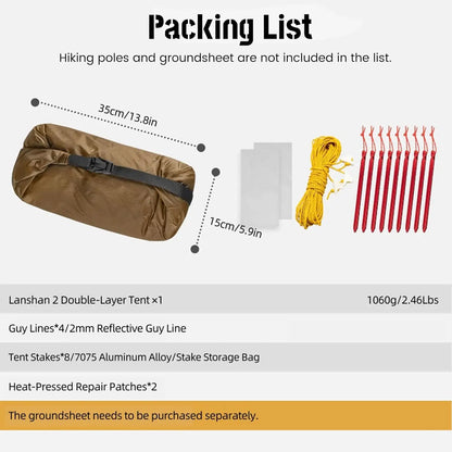 Lanshan 2 Person Tent Hiking Ultralight Camping Tent Professional 15D Silnylon Rodless Trekking Pole Tent Waterproof Backpacking