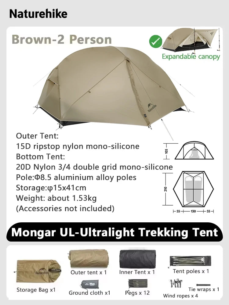 Naturehike Mongar 2 UL/PRO/Base Tent – Ultralight 2 Person Backpacking Tent - Bearkit