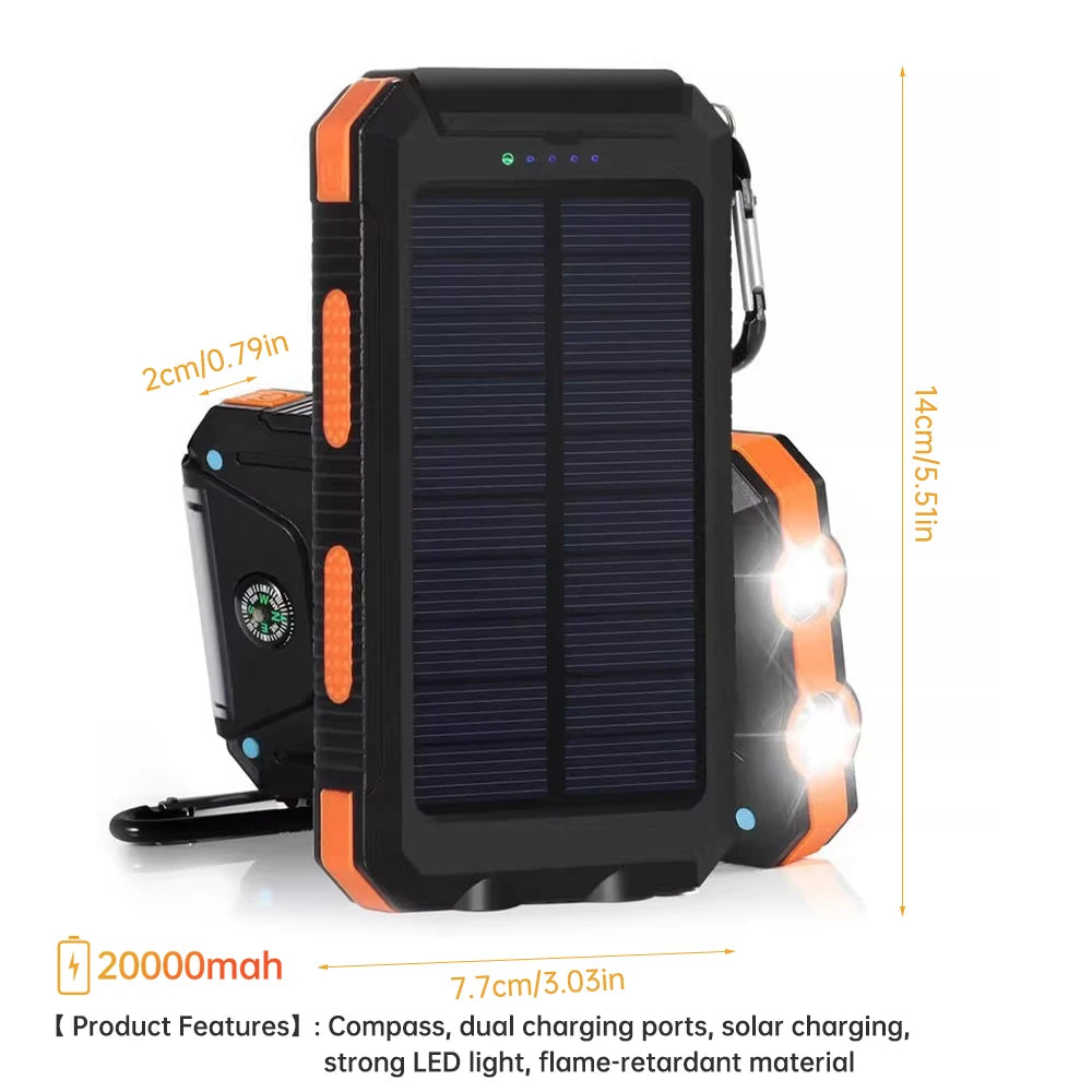 20000mAh Solar Power Bank Portable Solar Charger with Dual LED Flashlight & Compass Waterproof External Battery Pack for Mobile Phone Camping Hiking