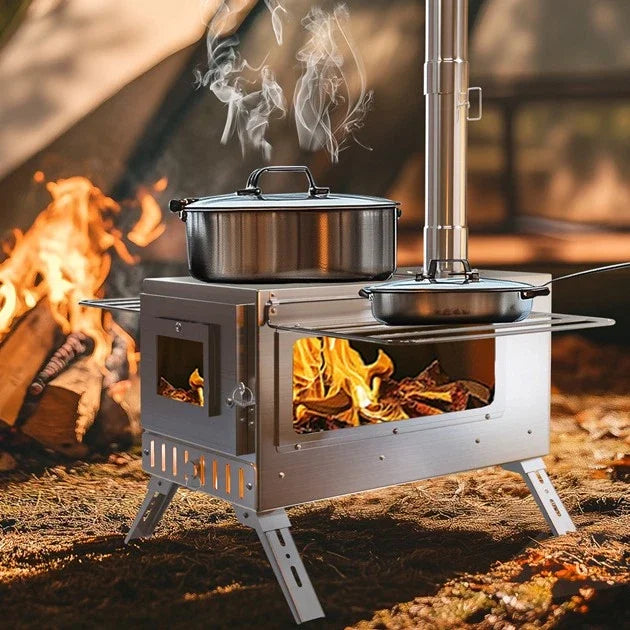 Portable Hot Tent Wood Burning Stove – Stainless Steel Camping Stove with Chimney Pipes
