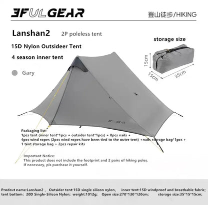 Lanshan 2 Person Tent Hiking Ultralight Camping Tent Professional 15D Silnylon Rodless Trekking Pole Tent Waterproof Backpacking