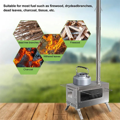 Portable Hot Tent Wood Burning Stove – Stainless Steel Camping Stove with Chimney Pipes