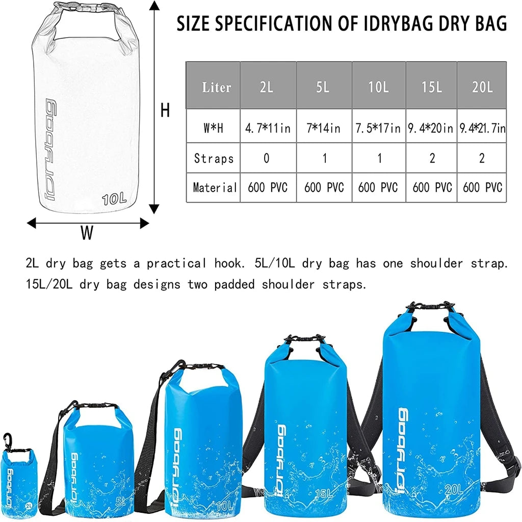 Idrybag Waterproof Bag for Women Men 2/5/10/15/20L Swimming Rafting Kayaking River Trekking Dry Bag Waterproof BackPack