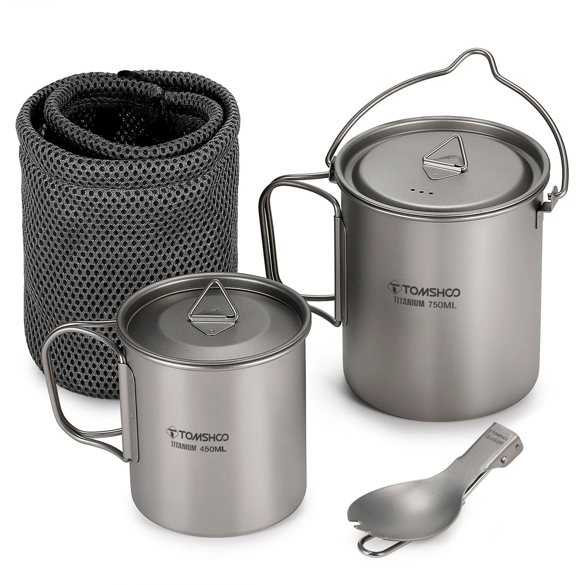 Tomshoo 3 PCS Titanium Cookware Set Ultralight 750ml Pot 450ml Water Cup Mug w Lid Folding Spork for Outdoor Camping Backpacking