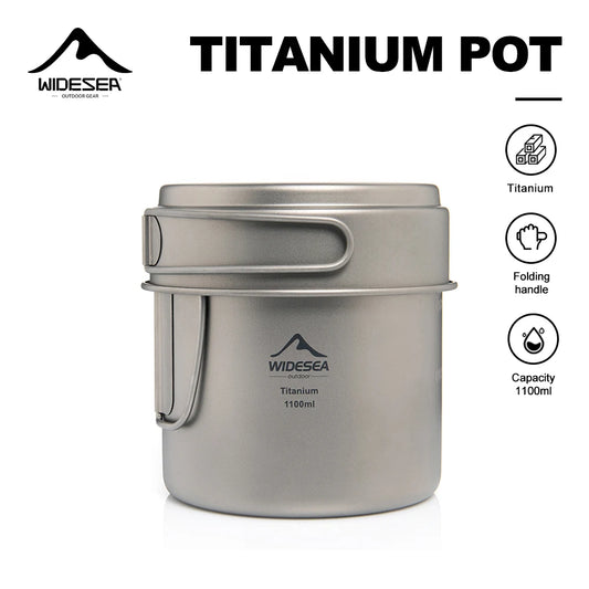 Widesea Ultralight Titanium Camping Pot 1100ml Foldable Handle Portable Outdoor Cookware with Mesh Bag for Backpacking Hiking Tr