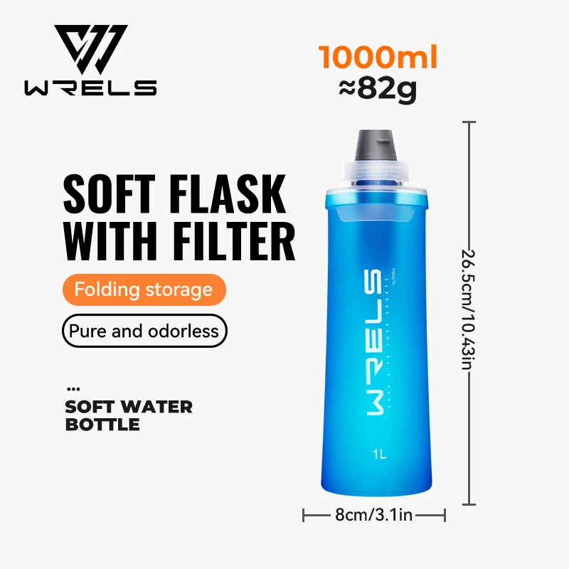 WRELS Soft Water Bottle with Filter Ultralight Collapsible Water Filter Bottle Hydrapak Soft Flask for Hiking Camping Backpack