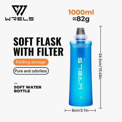 WRELS Soft Water Bottle with Filter Ultralight Collapsible Water Filter Bottle Hydrapak Soft Flask for Hiking Camping Backpack
