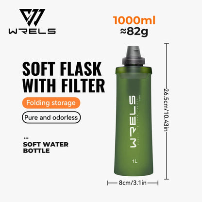 WRELS Soft Water Bottle with Filter Ultralight Collapsible Water Filter Bottle Hydrapak Soft Flask for Hiking Camping Backpack