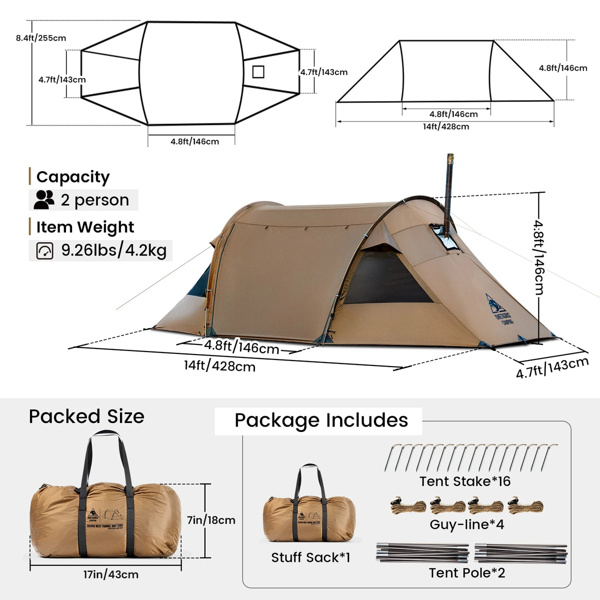 OneTigris Raven Nest Tunnel Hot Tent 2 Person 4-Season Backpacking Tent with Stove Jack