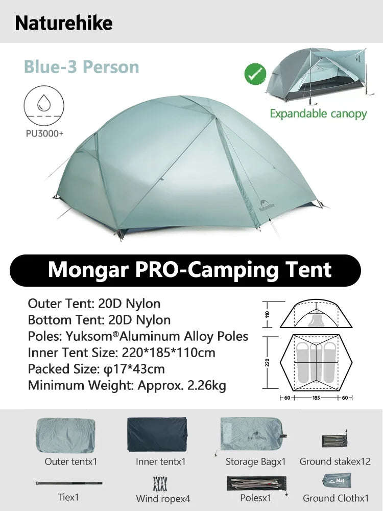 Naturehike Mongar 2 UL/PRO/Base Tent – Ultralight 2 Person Backpacking Tent - Bearkit