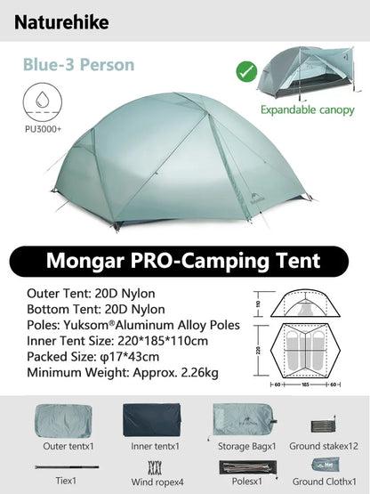 Naturehike Mongar 2 UL/PRO/Base Tent – Ultralight 2 Person Backpacking Tent - Bearkit