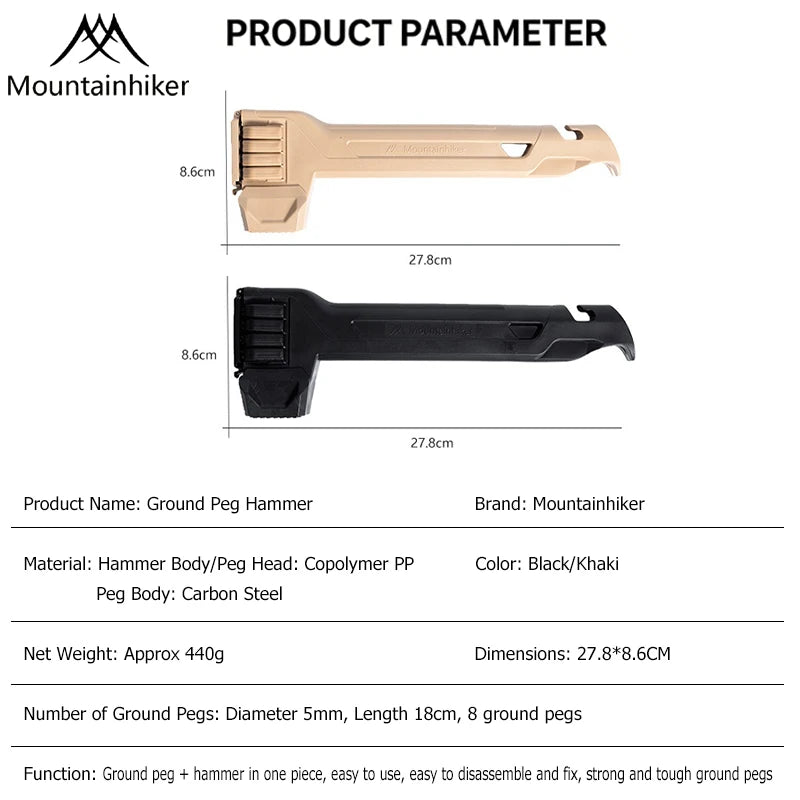 Multifunctional Tent Hammer + Ground Stakes Kit, Ergonomic Grip Portable Outdoor Gear, Practical Peg Remover for Camping Hiking