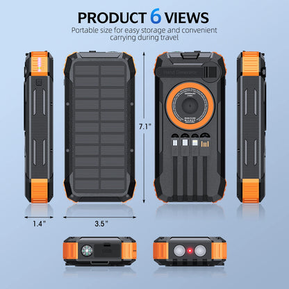 Solar Power Bank High Capacity, Wireless Charger with 4 Built-in Cables, Hand Crank Generator, LED Light for Outdoor Emergency