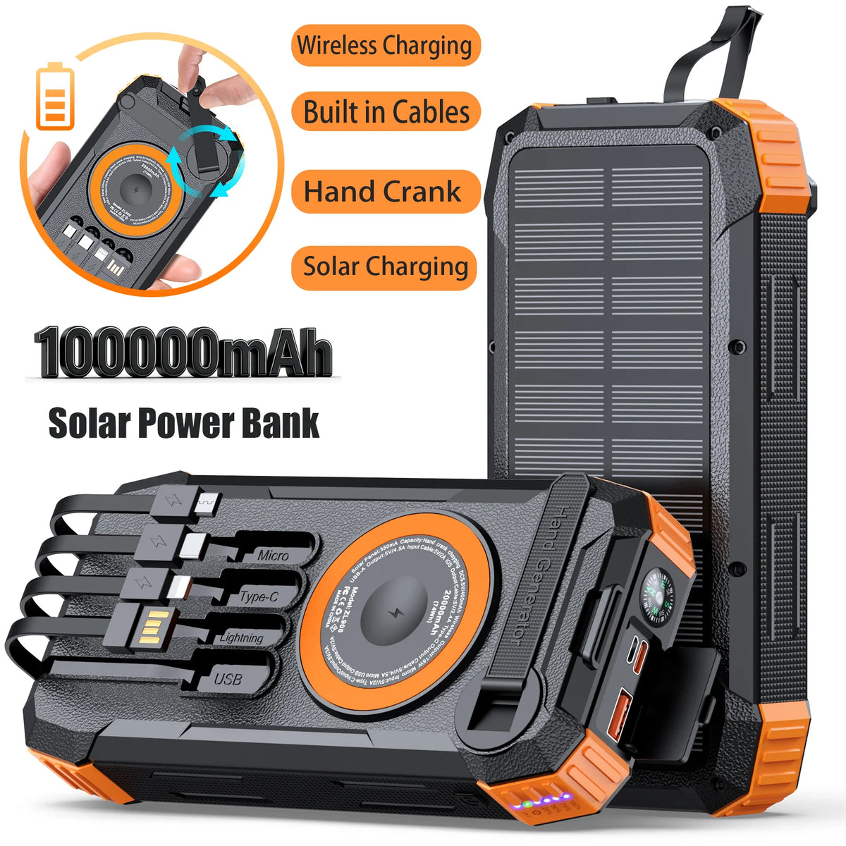 Solar Power Bank High Capacity, Wireless Charger with 4 Built-in Cables, Hand Crank Generator, LED Light for Outdoor Emergency