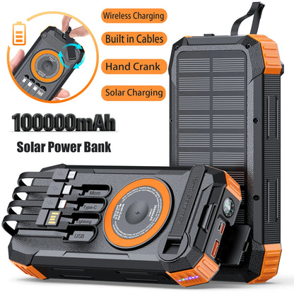 Solar Power Bank High Capacity, Wireless Charger with 4 Built-in Cables, Hand Crank Generator, LED Light for Outdoor Emergency