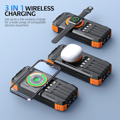Solar Power Bank High Capacity, Wireless Charger with 4 Built-in Cables, Hand Crank Generator, LED Light for Outdoor Emergency