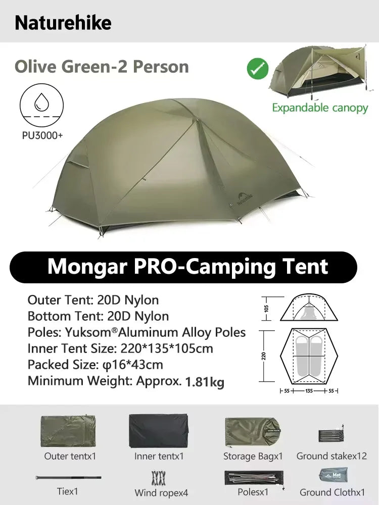 Naturehike Mongar 2 UL/PRO/Base Tent – Ultralight 2 Person Backpacking Tent - Bearkit