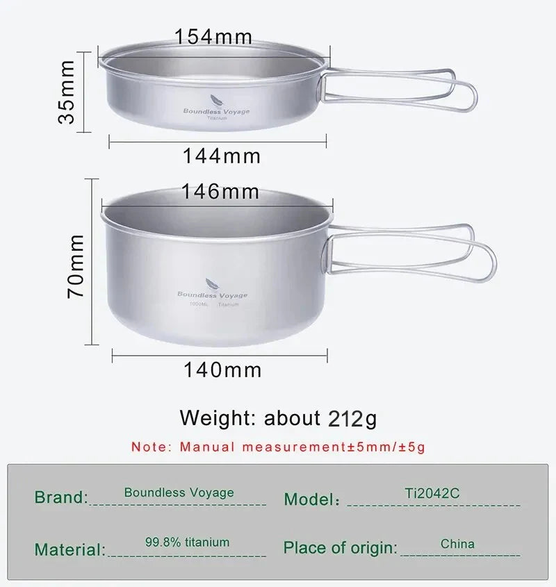 Boundless Voyage Titanium Pot Pan Set with Folding Handles Camping Cookware Hiking