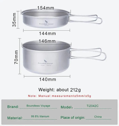 Boundless Voyage Titanium Pot Pan Set with Folding Handles Camping Cookware Hiking