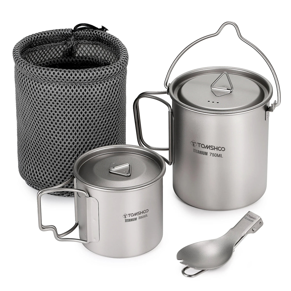 Tomshoo 3 PCS Titanium Cookware Set Ultralight 750ml Pot 450ml Water Cup Mug w Lid Folding Spork for Outdoor Camping Backpacking