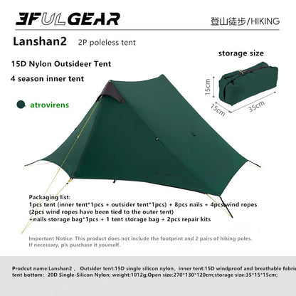 Lanshan 2 Person Tent Hiking Ultralight Camping Tent Professional 15D Silnylon Rodless Trekking Pole Tent Waterproof Backpacking