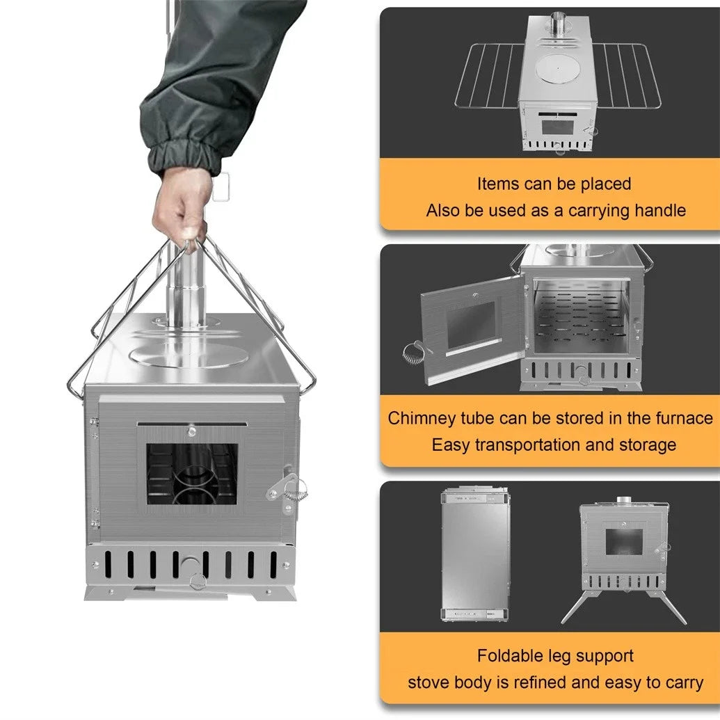 Portable Hot Tent Wood Burning Stove – Stainless Steel Camping Stove with Chimney Pipes