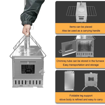 Portable Hot Tent Wood Burning Stove – Stainless Steel Camping Stove with Chimney Pipes