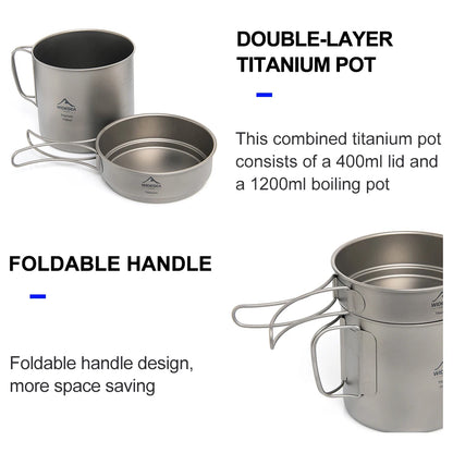 Widesea Ultralight Titanium Camping Pot 1100ml Foldable Handle Portable Outdoor Cookware with Mesh Bag for Backpacking Hiking Tr