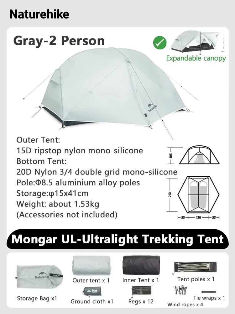 Naturehike Mongar 2 UL/PRO/Base Tent – Ultralight 2 Person Backpacking Tent - Bearkit