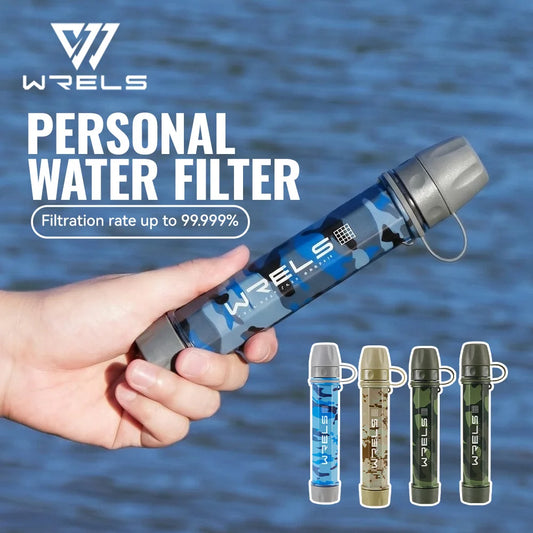 WRELS Outdoor Mini Camping Hiking Purification Water Filter Straw Carbon Fiber Water Bag for Survival or Emergency Supplies