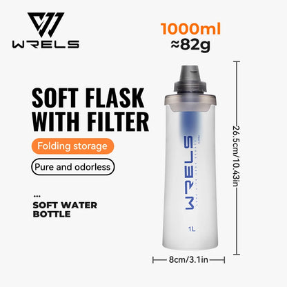 WRELS Soft Water Bottle with Filter Ultralight Collapsible Water Filter Bottle Hydrapak Soft Flask for Hiking Camping Backpack